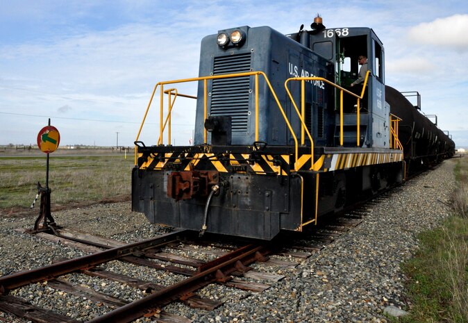 The Beale train transports Jet Propellant Thermally Stable (JPTS) fuel to the installation Bulk Storage Plant Jan. 20, 2016, at Beale Air Force Base, California. The Bulk Storage Plant stores the fuel used by the U-2 Dragon Lady. (U.S. Air Force photo by Staff Sgt. Jeffrey M.  Schultze)