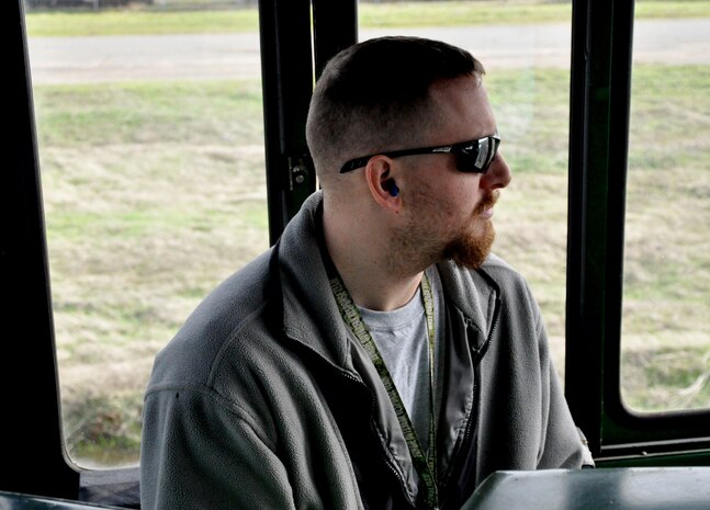 Josef Walter, 9th Support Division locomotive engineer, conducts the Beale train Jan. 20, 2016, at Beale Air Force Base, California. The train program primarily supports the U-2 Dragon Lady and processes jet fuel from Texas to ensure continuity of the flying mission. (U.S. Air Force photo by Staff Sgt. Jeffrey M.  Schultze)