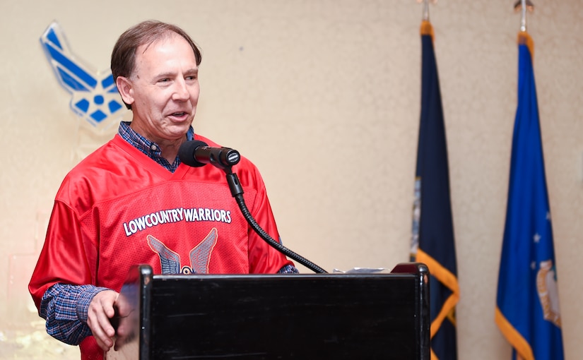 Gene Sapakoff, sports columnist for the local Post and Courier newspaper, speaks to members of Joint Base Charleston during the 2015 628th Air Base Wing Annual Awards Ceremony Jan. 29, 2016, at the Charleston Club on JB Charleston – Air Base, S.C. 