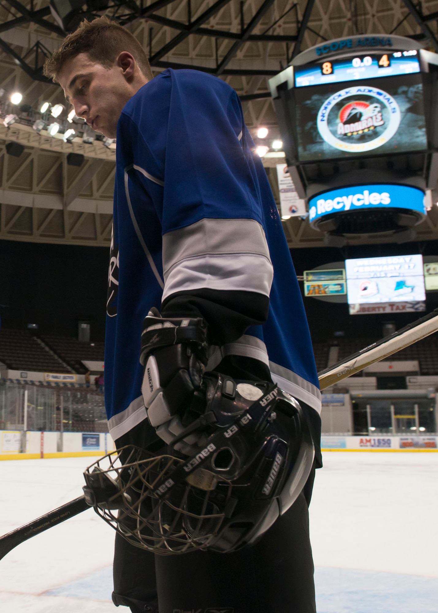 A member of the Langley Air Force Base Men’s Varsity hockey team, the Langley Raptors, skates off the ice after the “Air versus Sea” hockey game at the Norfolk Scope in Norfolk, Va., Jan. 30, 2016. The Raptors led by as many as five goals during the game. (U.S. Air Force photo by Staff Sgt. J.D. Strong II)