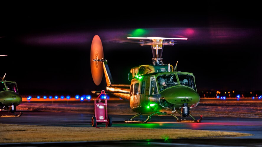 UH-1N Iroquois from the 54th Helicopter Squadron sit on the helicopter pad at Minot Air Force Base, N.D., Jan. 27, 2016. Within Air Force Global Strike Command, the UH-1N supports the 90th Missile Wing, F.E. Warren AFB, W.Y., the 341st Missile Wing, Malmstrom AFB, M.T. and the 91st Missile Wing, Minot AFB, N.D. (U.S. Air Force photo/Airman 1st Class J.T. Armstrong)