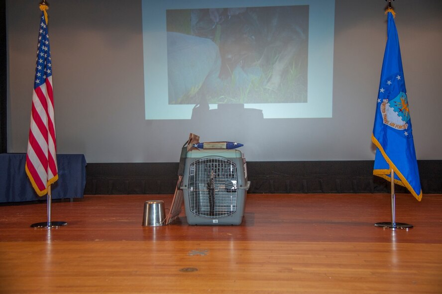 Military Working Dog Kitty’s kennels sits before her memorial service at Minot Air Force Base, N.D., Feb. 2, 2016. Kitty had been retired for a month when she died of an illness. (U.S. Air Force photo/Airman 1st Class Christian Sullivan)