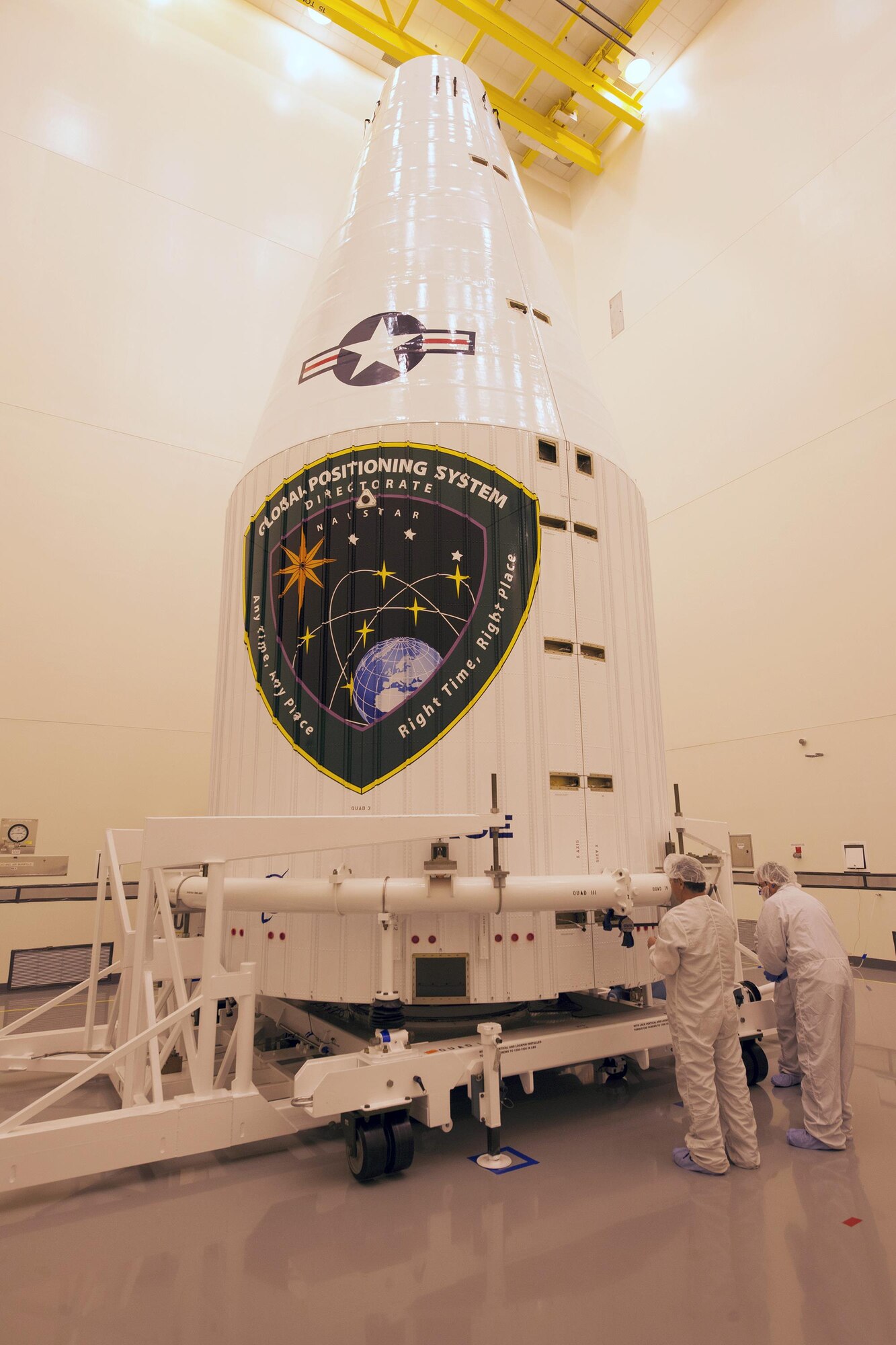 The Air Force's 12th GPS IIF satellite is encapsulated inside an Atlas V 4-meter payload fairing before being transported to a United Launch Alliance facility for hoist and mate at Cape Canaveral Air Force Station, Fla. The mission is set to lift off from Space Launch Complex 41 on Feb. 5, culminating a 27-year legacy of processing GPS satellites for the 45th Space Wing. (Courtesy photo/United Launch Alliance) 