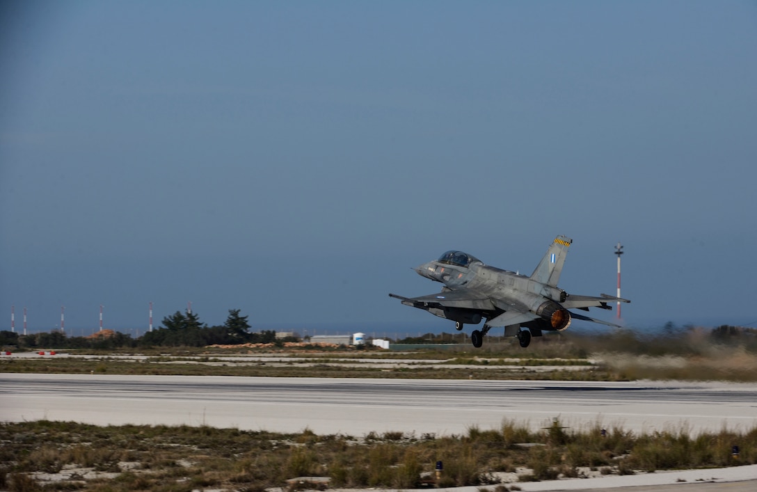 A Hellenic air force F-16 Fighting Falcon fighter aircraft assigned to the 340th Fighter Squadron takes off during a flying training deployment on the flightline at Souda Bay, Greece, Jan. 28, 2016. The aircraft conducted the training as part of the bilateral deployment between the Greek and U.S. Air Forces to develop interoperability and cohesion between the two NATO partners. (U.S. Air Force photo by Staff Sgt. Christopher Ruano/Released)