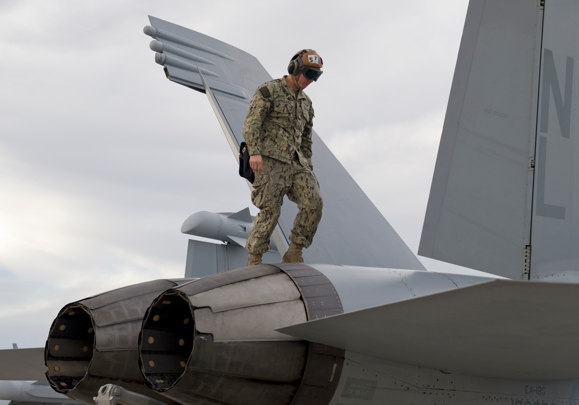 United States Navy Airman Ryan Smith, VAQ-138 plane captain from Naval Air Station Whidbey Island, Wash., marshals in an EA-18G Growler during Red Flag 16-1, Jan. 29, 2016 at Nellis AFB, Nev. Red Flag brings together units from all over the world including multiple military branches and countries. One thing they all have in common is the need for experienced maintainers. (U.S. Air Force photo by Senior Airman Alex Fox Echols III/Released)