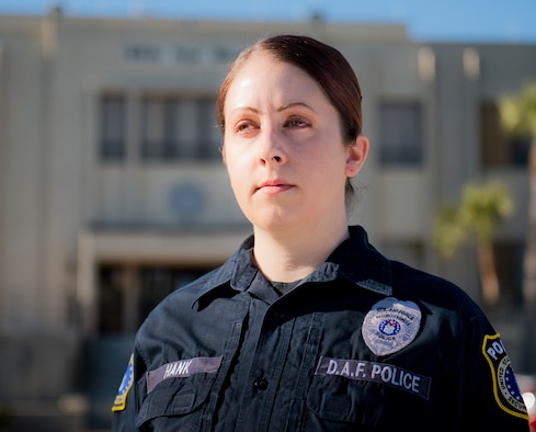 Officer Janine Hank was recently selected as the Air Force's Security Forces Civilian of the Year (GS5 -9).  Hank has 12 years of security forces experience through active duty and civilian service.  (U.S. Air Force photo/Samuel King Jr.)