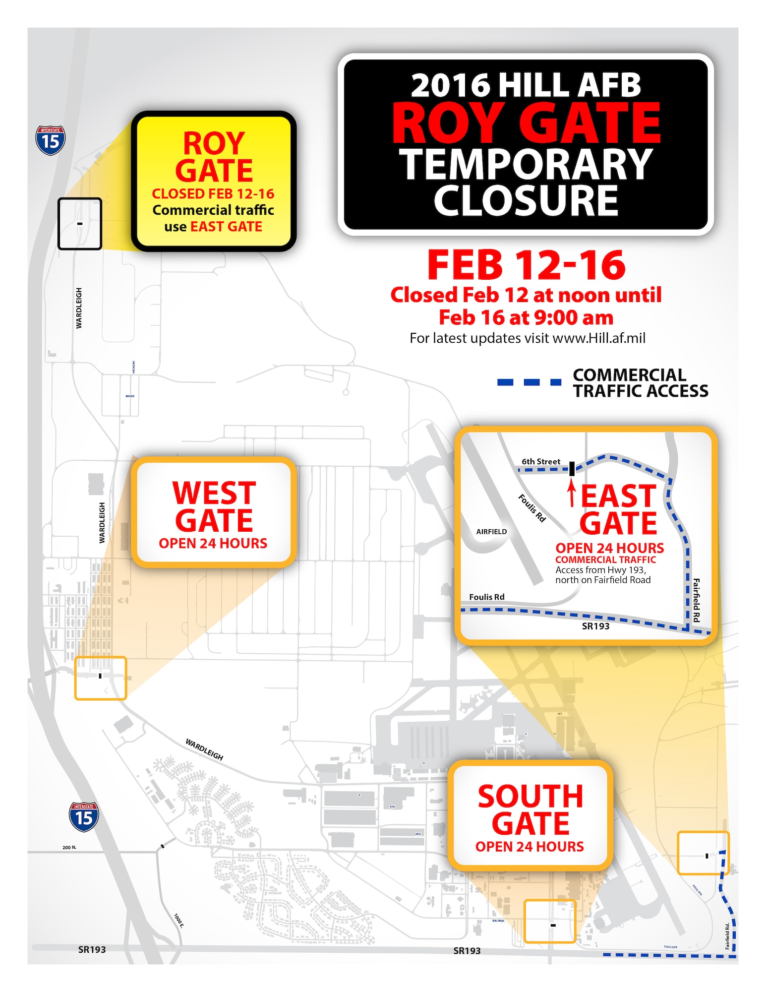Base motorists will need to use alternate routes when construction near Hill Air Force Base occurs this month. (DAVID PERRY/U.S. Air Force)
