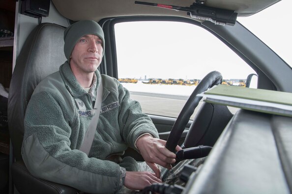 U.S. Air Force Staff Sgt. Jesse Simmons, a specialist expediter with the 35th Aircraft Maintenance Squadron, drives a multi-purpose van, better known as a bread truck, at Misawa Air Base, Japan, Feb. 2, 2016. Simmons leads a shift of 13 personnel who prepare F-16 Fighting Falcons for worldwide deployment. Simmons is from Smith Mountain Lake, Virginia. (U.S. Air Force photo by Senior Airman Jarrod Vickers)