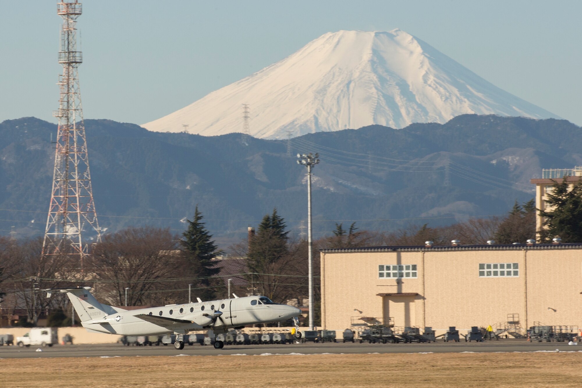 A C-12 Huron assigned to the 459th Airlift Squadron takes off at Yokota Air Base, Japan, Jan. 25, 2016. The 459 AS utilizes the C-12H to maintain a forward presence in the Indo-Asia Pacific Region and to provide travel support for distinguished visitors, as well as other priority passengers and cargo. (U.S. Air Force photo by Osakabe Yasuo/Released) 