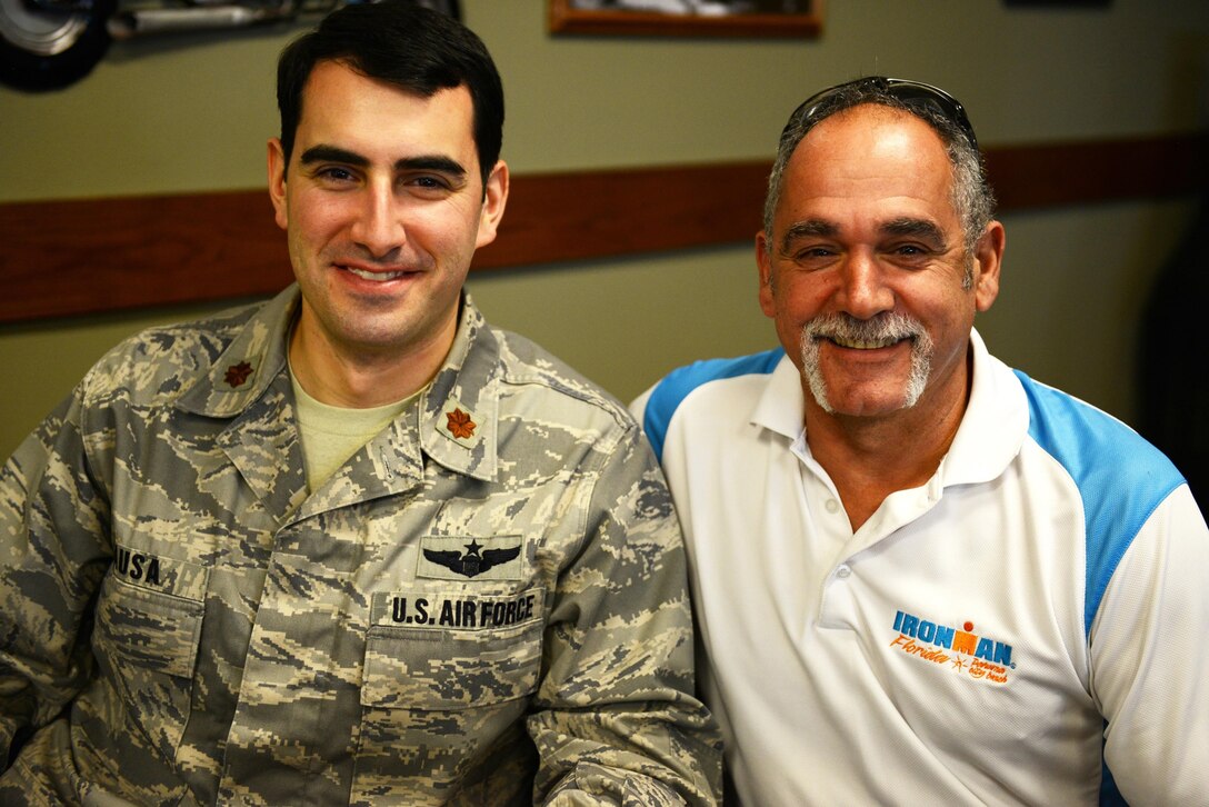 Maj. Stephen Rausa with retired Master Sgt. Ben Rausa (not related) during their first meeting Jan. 25 at Hurlburt Field, Florida, since becoming pen pals 25 years ago. (U.S. Air Force photo/Mike Raynor)