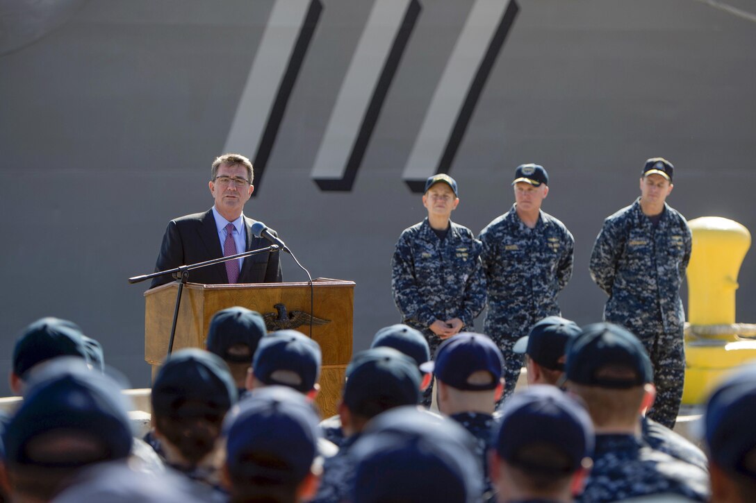 Defense Secretary Ash Carter speaks to sailors during a troop event in San Diego, Feb. 3, 2016. Carter is visiting the area to tour facilities and discuss the fiscal year 2017 defense budget proposal and its impact on the defense community. DoD photo by Navy Petty Officer 1st Class Tim D. Godbee