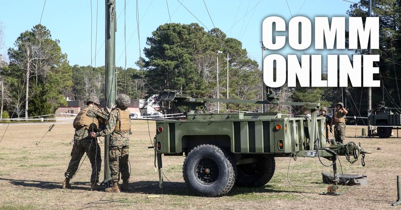 Marines with Headquarters Company, Combat Logistics Regiment 25, conduct a maintenance check on an antenna during a command post exercise at Camp Lejeune, N.C., Feb. 2, 2016. The CPX was held as a pre-cursor to a II Marine Expeditionary Force-wide CPX. (U.S. Marine Corps photo illustration by Cpl. Paul S. Martinez/Released)