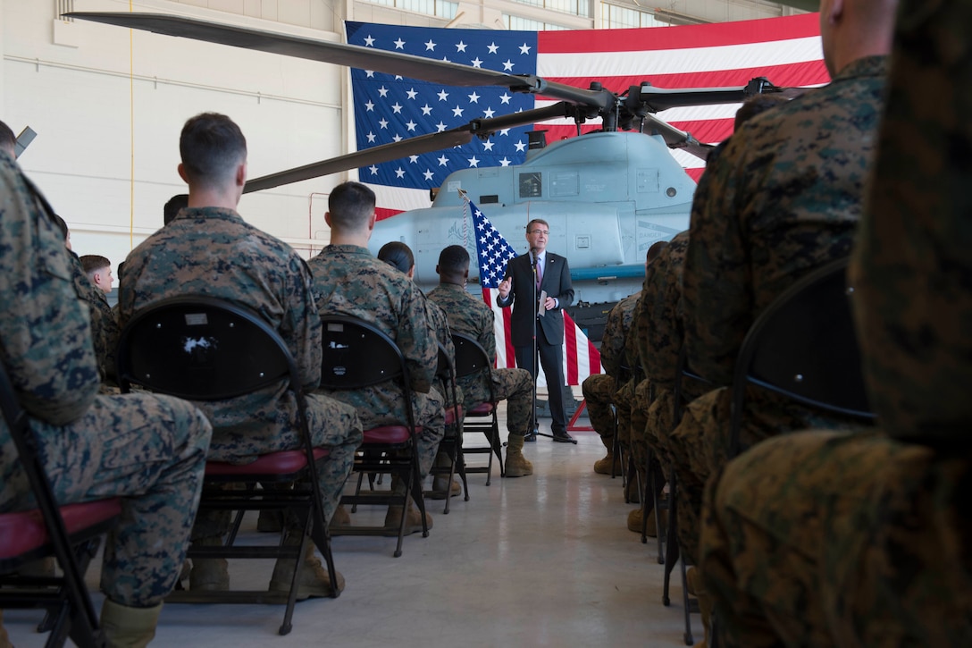 Defense Secretary Ash Carter speaks to Marines during a troop event at Marine Corps Air Station Miramar, Calif., Feb. 3, 2016. Carter is meeting this week with troops and other members of the defense community to preview the FY17 defense budget and its impact on the military. DoD photo by Navy Petty Officer 1st Class Tim D. Godbee 