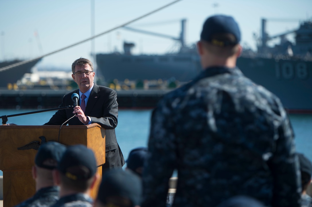 Defense Secretary Ash Carter answers a sailor's question  during a troop event on Naval Base San Diego, Calif., Feb. 3, 2016. DoD photo by Navy Petty Officer 1st Class Tim D. Godbee