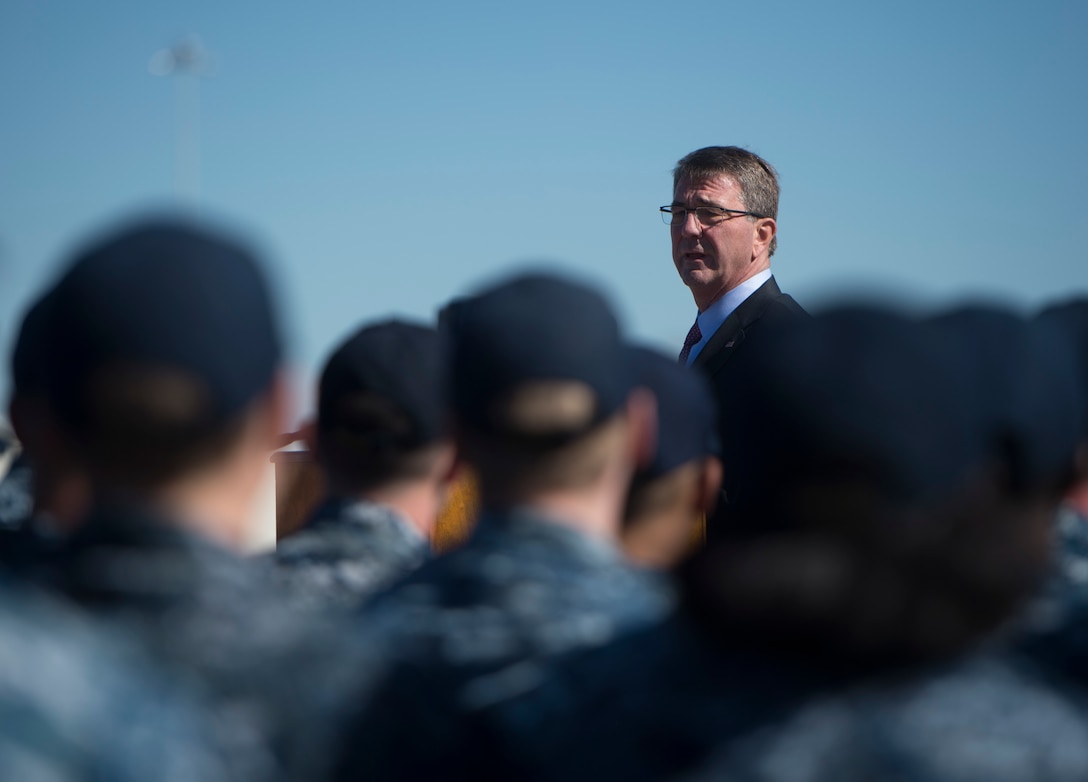 Defense Secretary Ash Carter addresses sailors during a troop event at Naval Base San Diego, Calif., Feb. 3, 2016. Carter is meeting this week with troops and members of the defense community to preview the proposed fiscal year 2017 defense budget. DoD photo by Navy Petty Officer 1st Class Tim D. Godbee