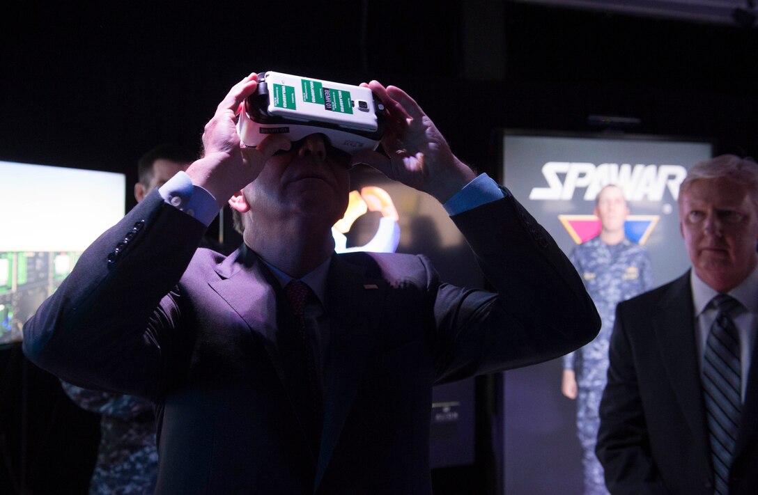Defense Secretary Ash Carter uses a virtual reality display at the Space and Naval Warfare Systems Command in San Diego, Feb. 3, 2016. DoD photo by Navy Petty Officer 1st Class Tim D. Godbee