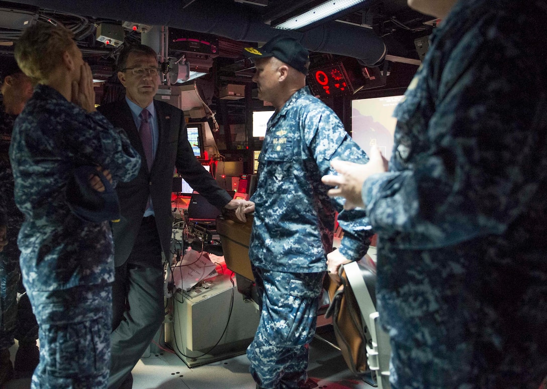 Defense Secretary Ash Carter speaks to Navy leaders on USS Spruance on Naval Base San Diego, Calif., Feb. 3, 2016. Carter is meeting this week with troops and members of the defense community to preview the proposed fiscal year 2017 defense budget. DoD photo by Navy Petty Officer 1st Class Tim D. Godbee