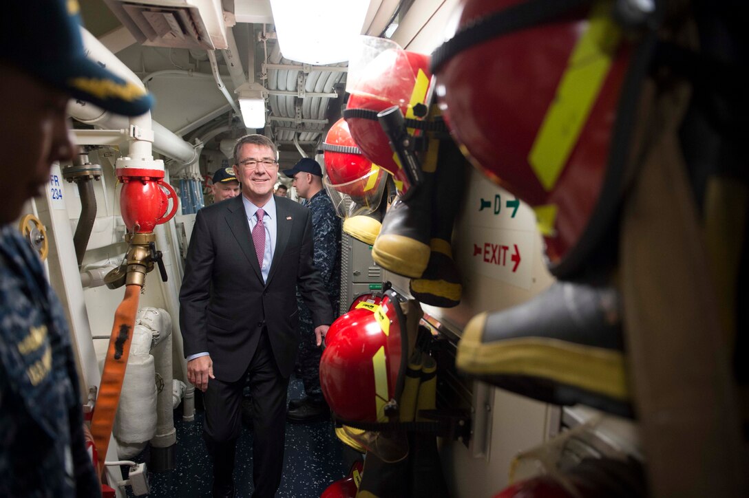 Secretary of Defense Ash Carter tours the USS Spruance on Naval Base San Diego, Calif., Feb. 3, 2016. Carter is meeting this week with troops and members of the defense community to preview the proposed fiscal year 2017 defense budget. DoD photo by Navy Petty Officer 1st Class Tim D. Godbee