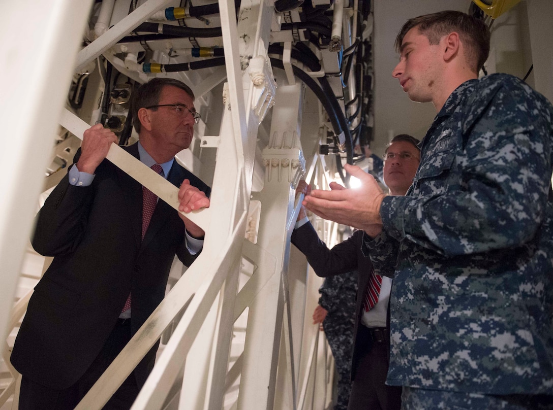 Defense Secretary Ash Carter talks to sailors during a tour of USS Spruance on Naval Base San Diego, Calif., Feb. 3, 2016. DoD photo by Navy Petty Officer 1st Class Tim D. Godbee
