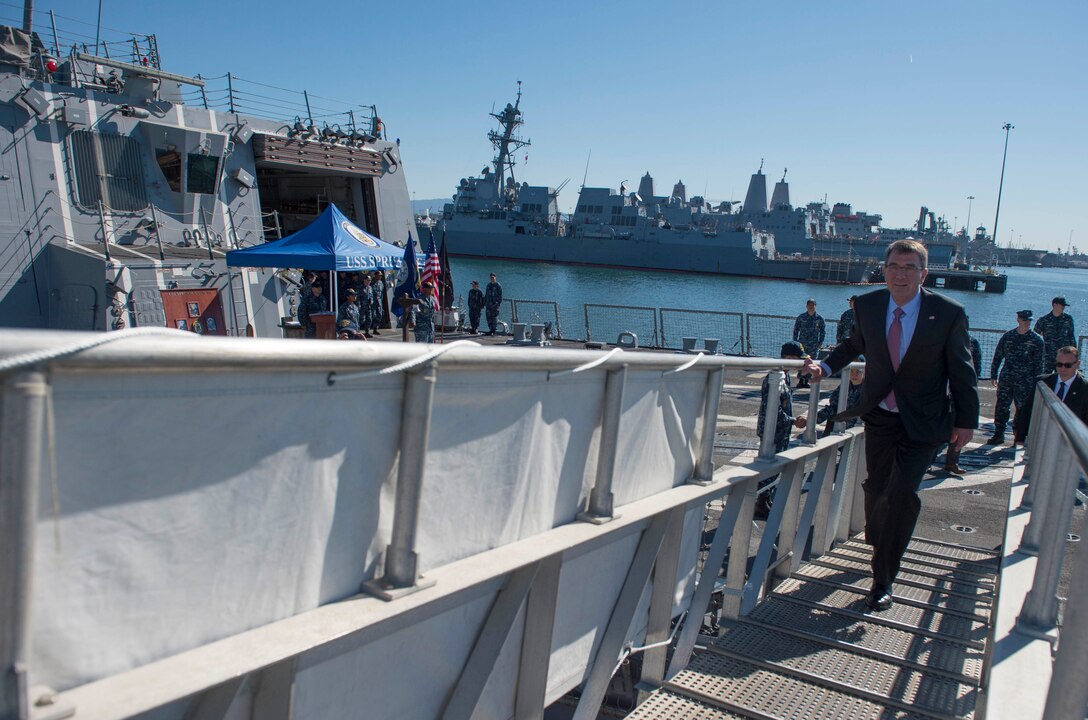 Defense Secretary Ash Carter departs USS Spruance on Naval Base San Diego, Calif., Feb. 3, 2016. Carter is visiting San Diego to tour facilities and discuss budget proposals. DoD photo by Navy Petty Officer 1st Class Tim D. Godbee