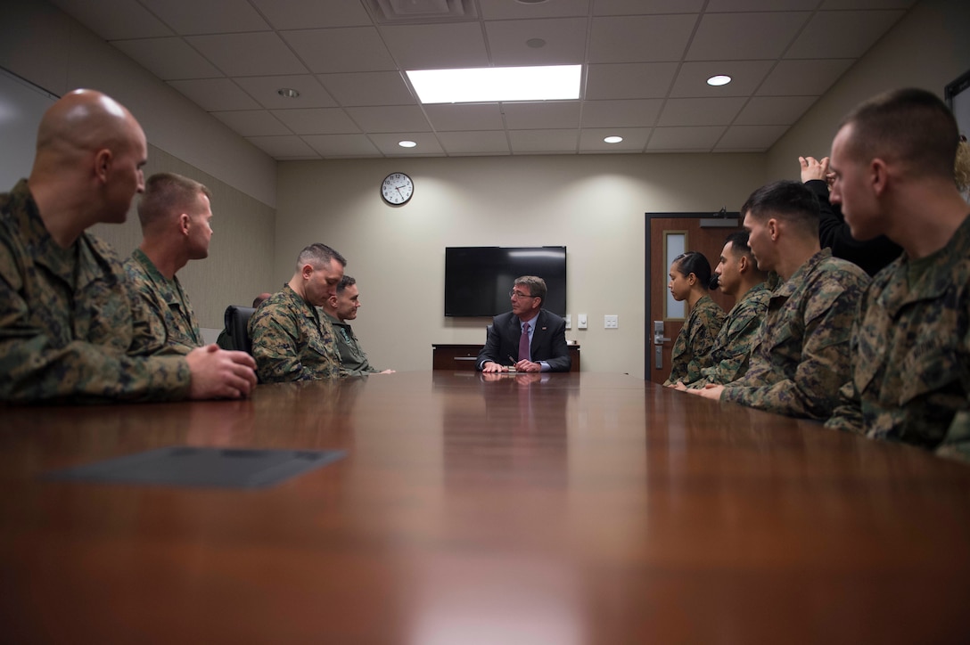 Defense Secretary Ash Carter speaks with Marines on Marine Corps Air Station Miramar, Calif., Feb. 3, 2016. Carter is meeting this week with troops and members of the defense community to preview the proposed fiscal year 2017 defense budget. DoD photo by Navy Petty Officer 1st Class Tim D. Godbee