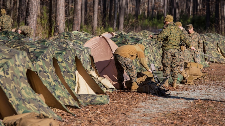 Marines with 3rd Battalion, 2nd Marine Regiment, set up two-man tents during a Deployment for Training exercise at Fort A.P. Hill, Va., Jan. 29, 2016. Marines are required to retain knowledge of even the most basic survival skills to ensure they are prepared for any challenges they may face in their upcoming deployment to Okinawa, Japan. 
