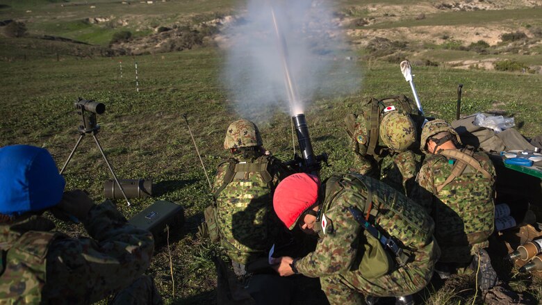 A Japan Ground Self-Defense Force mortar team fires an 81mm mortar during an Exercise Iron Fist 2016 training event, aboard Marine Corps Base Camp Pendleton, Calif., Feb 1, 2016  Exercise Iron Fist is an annual bilateral training exercise where U.S. and Japanese service members train together and share one another’s skills and tactics, and improve their combined operational capabilities.