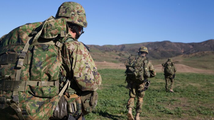 Soldiers of the Japan Ground Self-Defense Force’s Western Army Infantry Regiment Scout Sniper Program move out on a patrol through an area with mock enemies to practice breaking contact drills during an abbreviated scout sniper course, instructed by U.S. Marine Corps instructors, during Exercise Iron Fist 2016 on Marine Corps Base Camp Pendleton, Calif., Feb. 1, 2016 Break contact drills are important as sniper teams are typically small, with limited firepower and ammunition. During break contact drills, the team moves to a location where the enemy cannot observe and fire upon them. 