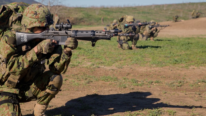 Soldiers of the Japan Ground Self-Defense Force’s Western Army Infantry Regiment Scout Sniper program get on line with each other to provide cover-fire during a walk-through of a break contact drill during an abbreviated scout sniper course instructed by Marine Corps scout sniper instructors during Exercise Iron Fist 2016 on Marine Corps Base Camp Pendleton, Calif., Feb. 1, 2016. Iron Fist is an annual, bilateral amphibious training exercise focused on the strengthening of amphibious operations between the U.S. Marine Corps and the JGSDF. Small scout sniper teams can be used prior to an amphibious assault to gather reconnaissance and eliminate key targets. 