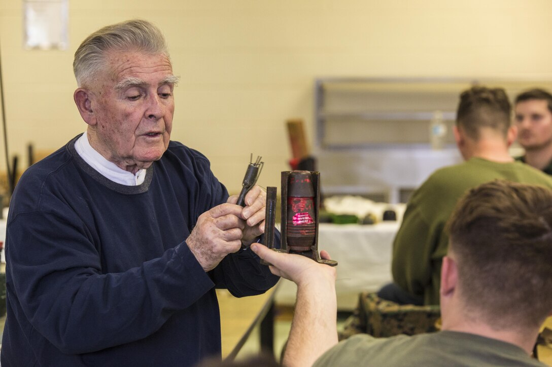 Vietnam veteran and retired Marine major, John Fasulo, reviews the nomenclature of the S-mine to a group of Marines with 3rd Battalion, 2nd Marine Regiment, during a Deployment for Training exercise at Fort A.P. Hill, Va., Jan. 29, 2016. The ordnance class is part of a two-week Deployment for Training exercise that allowed Marines to prepare for their upcoming deployment. (U.S. Marine Corps photo by Lance Cpl. Samuel Guerra/Released)