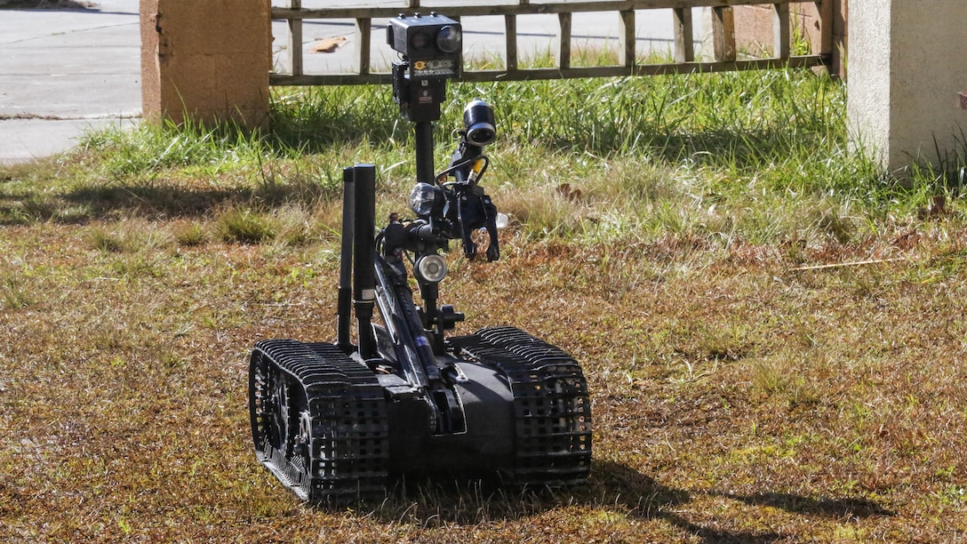 The MK-2 Mod 1 Talon, an Explosive Ordnance Disposal robot controlled by Marines with EOD Company, 8th Engineer Support Battalion, is used instead of Marines to acquire initial visuals of an improvised explosive device during an IED access training exercise aboard Camp Lejeune, N.C., Jan. 29, 2016. During the exercise, evaluators assessed Marines on safely locating and disposing of an IED while suppressing the full capabilities of the threat.