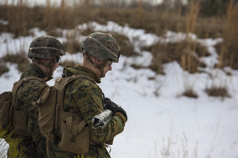 Marines with 3rd Battalion, 2nd Marine Regiment, walk toward a Bangalore torpedo impact zone during a Deployment for Training exercise at Fort A.P. Hill, Va., Jan. 28, 2016. The Marines applied their skills on the range to ensure they are capable of handling different combat situations despite adverse weather conditions. The larger ranges the base offered allowed the Marines to train on greater scale before their upcoming deployment to Okinawa, Japan. (U.S. Marine Corps photo by Lance Cpl. Samuel Guerra/Released)