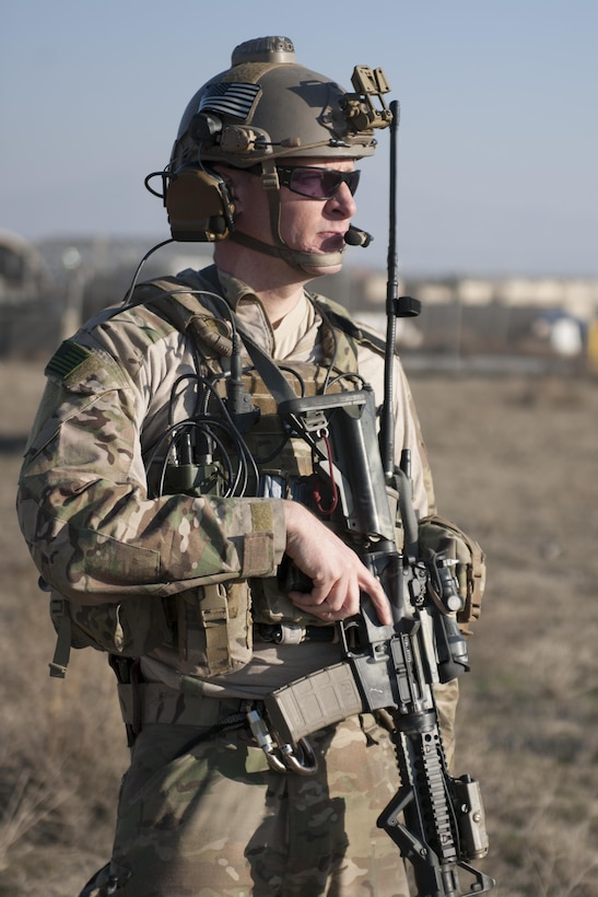 An Air Force pararescueman provides security during an extrication exercise on Bagram Airfield, Afghanistan, Jan. 23, 2016. Air Force photo by Tech. Sgt. Robert Cloys  