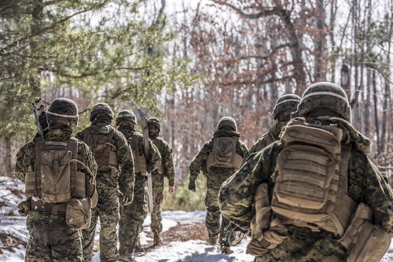 Combat engineers and assaultmen with 3rd Battalion, 2nd Marine Regiment, march toward a Bangalore torpedo impact zone during a Deployment for Training exercise at Fort A.P. Hill, Va., Jan 28, 2016. The range was intended to ensure Marines maintain weapon systems proficiency while preparing them for their upcoming deployment to Okinawa, Japan. (U.S. Marine Corps photo by Lance Cpl. Samuel Guerra/Released) 