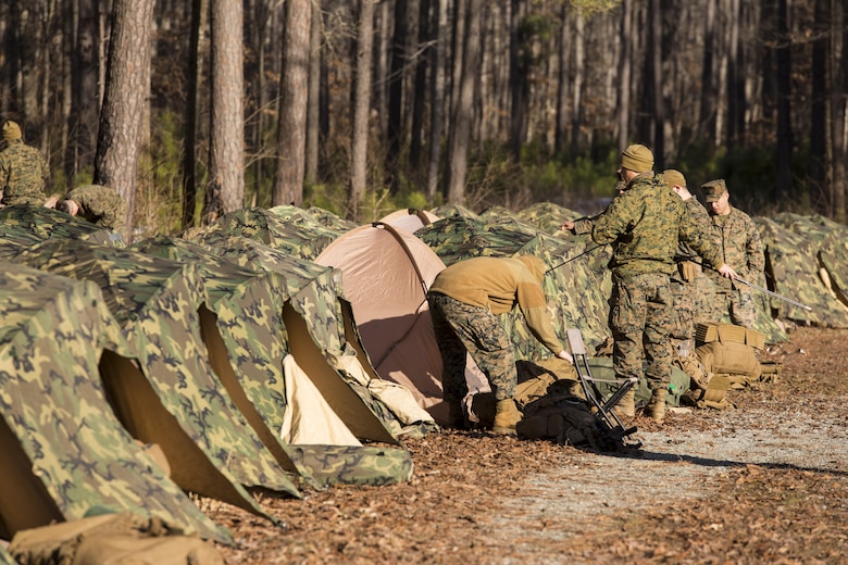 Marines with 3rd Battalion, 2nd Marine Regiment, set up two-man tents during a Deployment for Training exercise at Fort A.P. Hill, Va., Jan. 29, 2016. Marines are required to retain knowledge of even the most basic survival skills to ensure they are prepared for any challenges they may face in their upcoming deployment to Okinawa, Japan. (U.S. Marine Corps photo by Lance Cpl. Samuel Guerra/ Released)