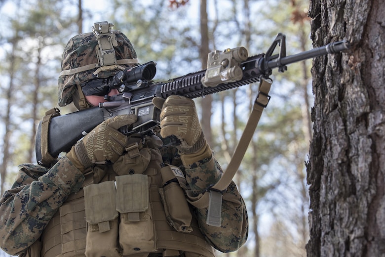 Private First Class Bradlee Hodson, a rifleman with 3rd Battalion, 2nd Marine Regiment, sights in while on patrol during a Deployment for Training exercise at Fort A.P. Hill., Va., Jan. 29, 2016. Although the temperature was below freezing, Marines still conducted multiple patrols to fine-tune their infantry tactics in unfamiliar terrain. The DFT is a requirement the unit completed for their upcoming deployment to Okinawa, Japan. (U.S. Marine Corps photo by Lance Cpl. Samuel Guerra/ Released)