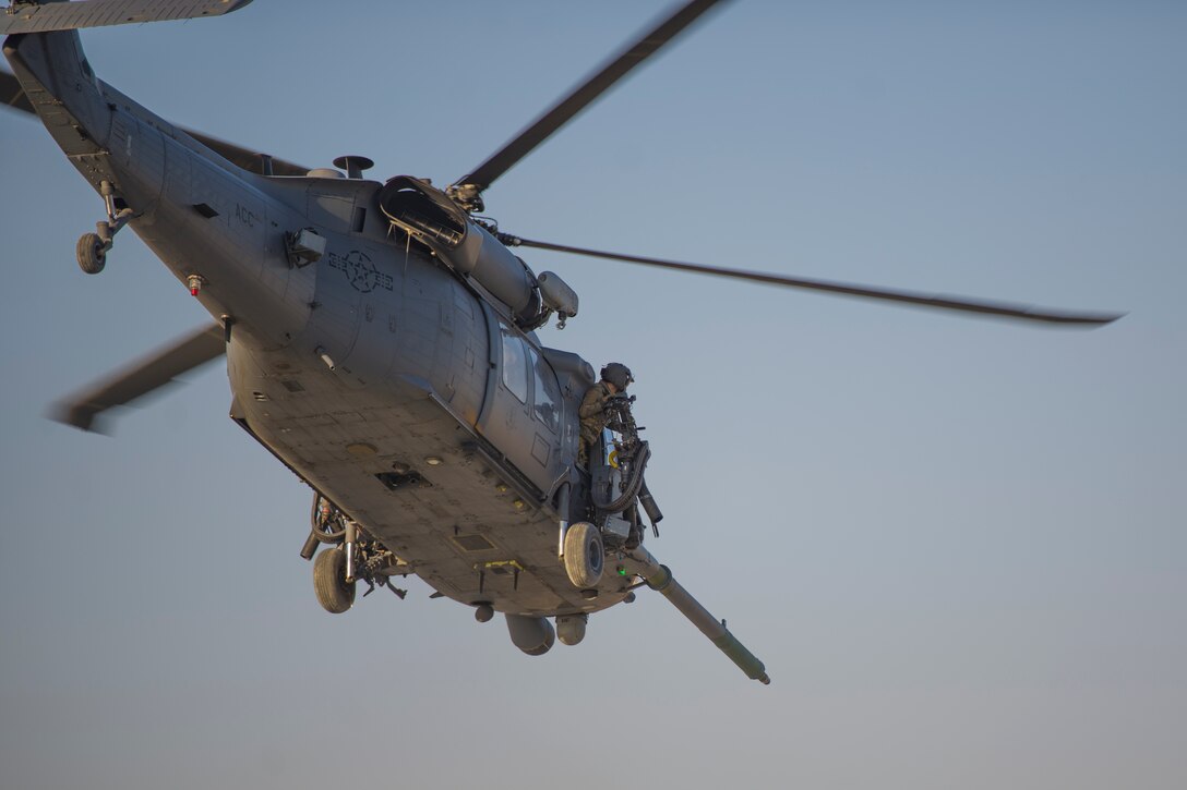 An Air Force HH-60 Pave Hawk helicopter departs for Craig Joint Theater Hospital during an extrication exercise on Bagram Airfield, Afghanistan, Jan. 23, 2016. Air Force photo by Tech. Sgt. Robert Cloys