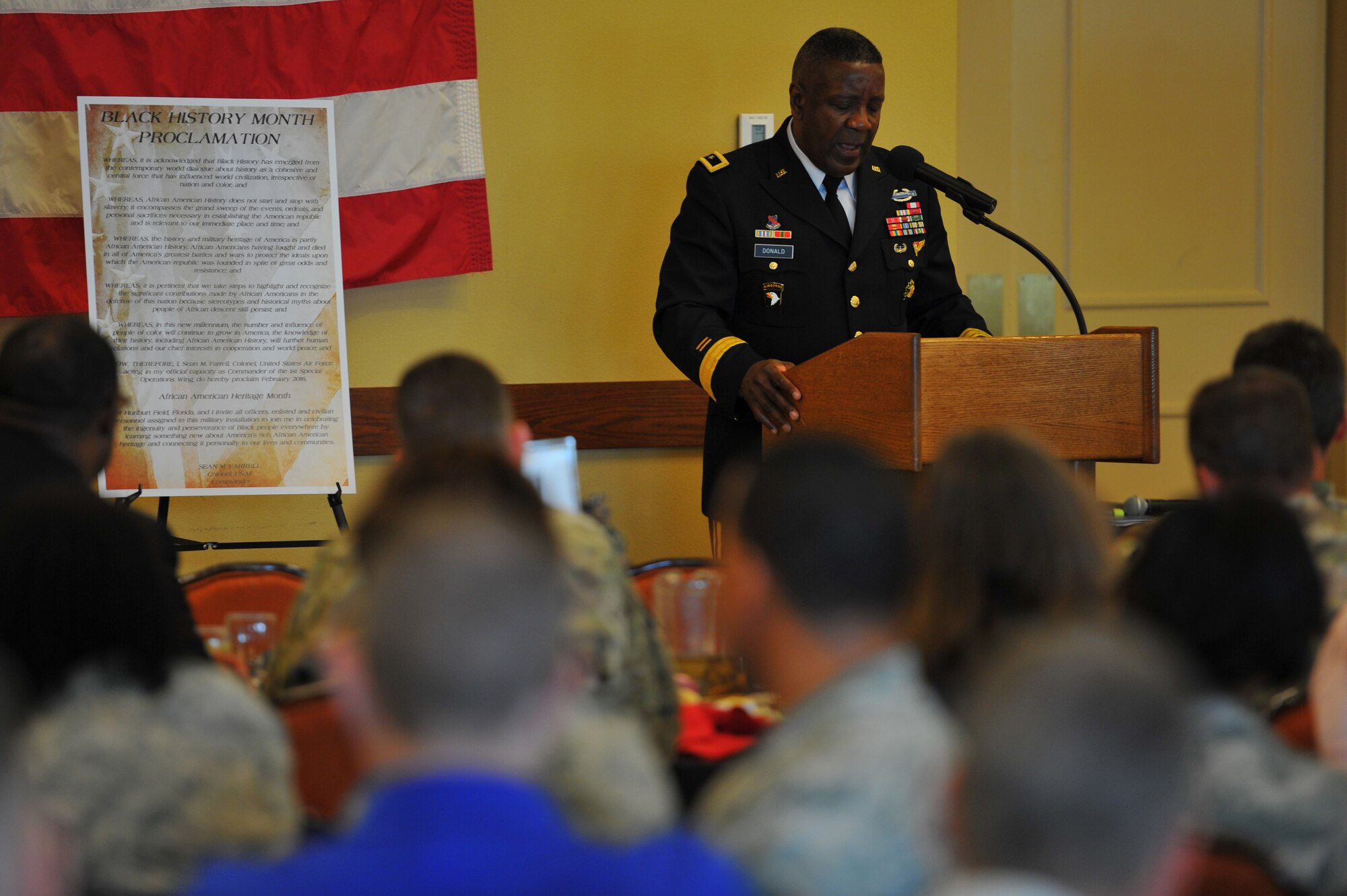 Retired U.S. Army Brig. Gen. James Donald speaks to more than 100 Air Commandos during Hurlburt Field’s African American Heritage Month kick-off luncheon at The Soundside Catering on Hurlburt Field, Fla., Feb. 1, 2016. The Jackson, Miss., native and first African American Army ROTC graduate from the University of Mississippi served 33 years in the Army and served in numerous key command and staff assignments. (U.S. Air Force Photo by Airman 1st Class Joseph Pick)