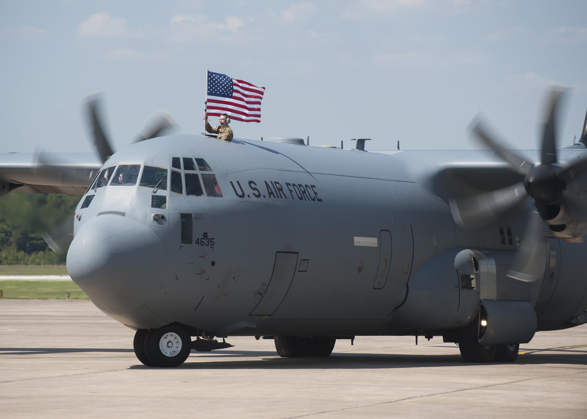 A C-130J taxis onto the flightline after returning from supporting operations in Southwest Asia Sept. 15, 2015, at Little Rock Air Force Base, Ark. (U.S. Air Force photo by Senior Airman Scott Poe)