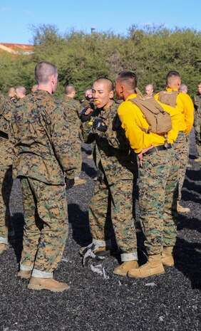 A drill instructor of Hotel Company, 2nd Recruit Training Battalion, advises a recruit on how to execute a leg sweep during a Marine Corps Martial Arts Program session at Marine Corps Recruit Depot San Diego, Feb. 2. Earning a tan belt comes after recruits complete the basic stage of MCMAP in recruit training. Marines have the opportunity to obtain higher levels in their Marine Corps careers. Annually, more than 17,000 males recruited from the Western Recruiting Region are trained at MCRD San Diego. Hotel Company is scheduled to graduate April 8.