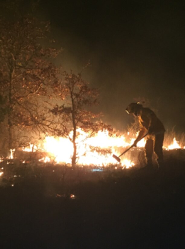 An Airman assigned to the 7th Civil Engineer Squadron Fire Department works the line during a 750-acre wildfire near the community of Eula, Texas, on the evening of Jan. 30, 2016. Seven Dyess firefighters along with their firefighting equipment and trucks were called to support a collaboration of 15 state, county and city officials as part of a mutual aid agreement Dyess Air Force Base has with the local community. (U.S. Air Force photo by Floyd Jones/Released)

