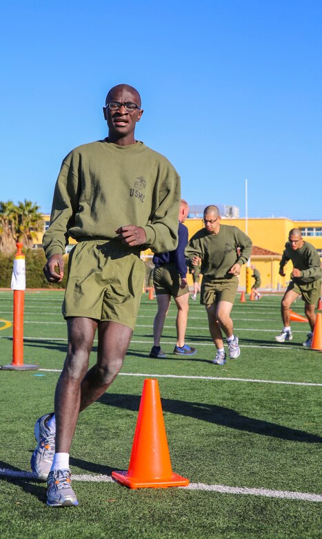Recruits of Mike Company, 3rd Recruit Training Battalion, conduct sprints during the bases event at Marine Corps Recruit Depot San Diego, Feb. 2. Most of the stations required recruits to put forth individual effort in order to get the most out of each exercise. Annually, more than 17,000 males recruited from the Western Recruiting Region are trained at MCRD San Diego. Mike Company is scheduled to graduate April 15.