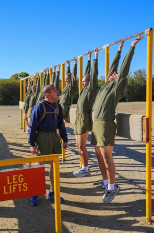 A drill instructor of Mike Company, 3rd Recruit Training Battalion, motivates a recruit during the circuit course event at Marine Corps Recruit Depot San Diego, Feb. 2. Drill instructors watched the recruits to make sure they were doing the exercises correctly and motivated them if they started to slow down. Annually, more than 17,000 males recruited from the Western Recruiting Region are trained at MCRD San Diego. Mike Company is scheduled to graduate April 15.