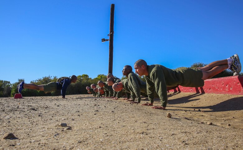 Recruits of Mike Company, 3rd Recruit Training Battalion, conduct push-ups during the circuit course event at Marine Corps Recruit Depot San Diego, Feb. 2. Recruits were expected to push themselves to get the most out of the workout. Annually, more than 17,000 males recruited from the Western Recruiting Region are trained at MCRD San Diego. Mike Company is scheduled to graduate April 15.