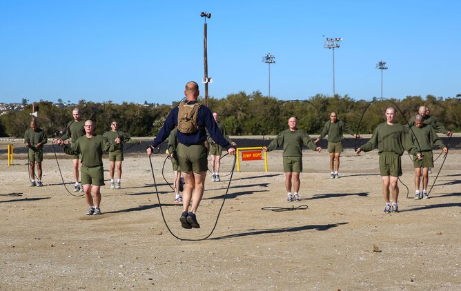 Recruits of Mike Company, 3rd Recruit Training Battalion, jump rope during the circuit course event at Marine Corps Recruit Depot San Diego, Feb. 2. Jumping rope is an exercise that increases the heart rate to improve cardio vascular endurance. Annually, more than 17,000 males recruited from the Western Recruiting Region are trained at MCRD San Diego. Mike Company is scheduled to graduate April 15.