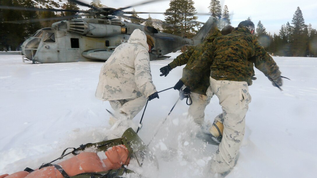 Marines with 2nd Platoon, Alpha Company, 2nd Assault Amphibian Battalion, rush toward a CH-53 Super Stallion with a simulated casualty avalanche victim at the Mountain Warfare Training Center in Bridgeport, California, Jan. 20, 2016. Marines across II Marine Expeditionary Force and 2nd Marine Expeditionary Brigade took part in the scenario as part of Mountain Exercise 1-16 in preparation for Exercise Cold Response 16.1 in Norway this March. The exercise will feature military training including maritime, land and air operations that underscore NATO's ability to defend against any threat in any environment. 