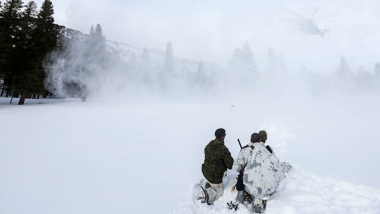 Marines with 2nd Platoon, Company A, 2nd Assault Amphibian Battalion, radio in a CH-53E Super Stallion as part of their avalanche scenario at the Mountain Warfare Training Center in Bridgeport, California, Jan. 20, 2016.  Marines across II Marine Expeditionary Force and 2nd Marine Expeditionary Brigade took part in the scenario as part of Mountain Exercise 1-16 in preparation for Exercise Cold Response 16.1 in Norway this March. The exercise will feature military training including maritime, land and air operations that underscore NATO's ability to defend against any threat in any environment.