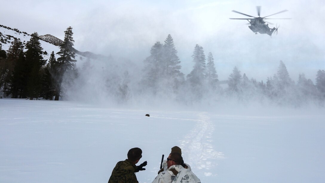 Marines with 2nd Platoon, Company A, 2nd Assault Amphibian Battalion, radio in a CH-53E Super Stallion as part of their avalanche scenario at the Mountain Warfare Training Center in Bridgeport, California, Jan. 20, 2016.  Marines across II Marine Expeditionary Force and 2nd Marine Expeditionary Brigade took part in the scenario as part of Mountain Exercise 1-16 in preparation for Exercise Cold Response 16.1 in Norway this March. The exercise will feature military training including maritime, land and air operations that underscore NATO's ability to defend against any threat in any environment. 