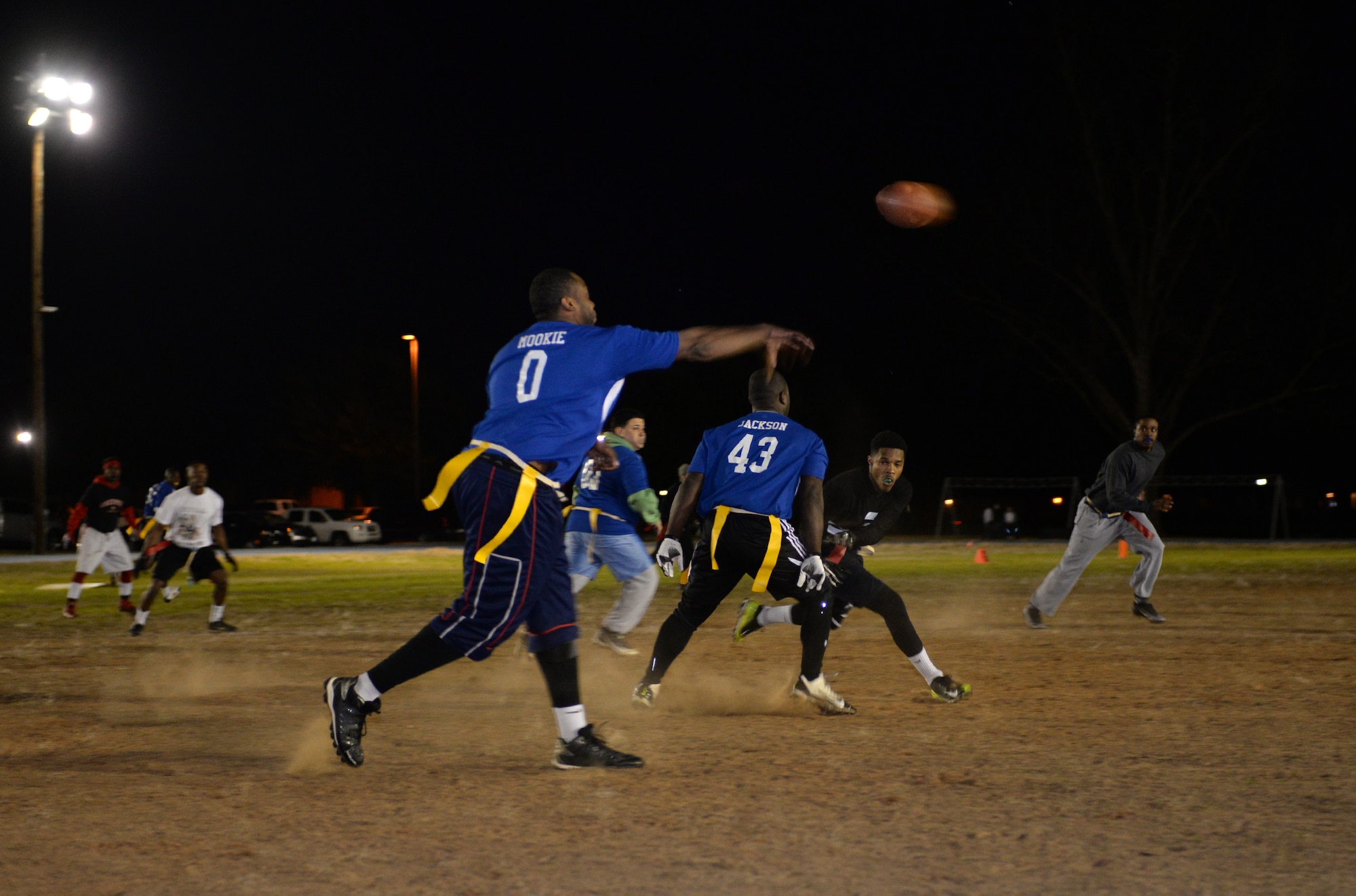 Brandon Davidson, 2nd Maintenance Squadron quarterback, delivers a pass during a flag football semifinals playoff game at Barksdale Air Force Base, La., Jan. 27, 2016. The 2nd MXS had lost 0-6 to the 2nd Force Support Squadron during the regular season, but redeemed themselves with a 7-6 playoff victory to advance to the championship. (U.S. Air Force photo/Airman 1st Class Curt Beach)