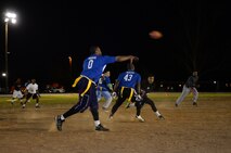 Brandon Davidson, 2nd Maintenance Squadron quarterback, delivers a pass during a flag football semifinals playoff game at Barksdale Air Force Base, La., Jan. 27, 2016. The 2nd MXS had lost 0-6 to the 2nd Force Support Squadron during the regular season, but redeemed themselves with a 7-6 playoff victory to advance to the championship. (U.S. Air Force photo/Airman 1st Class Curt Beach)